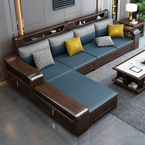 紫金檀木高靠储物现代中式轻奢冬夏两用转角贵妃客厅实木沙发组合