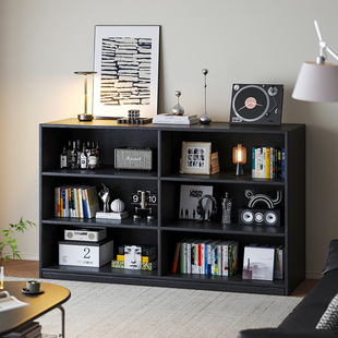 实木书架落地置物架一体靠墙格子柜展示收纳黑色矮书柜储物柜一体