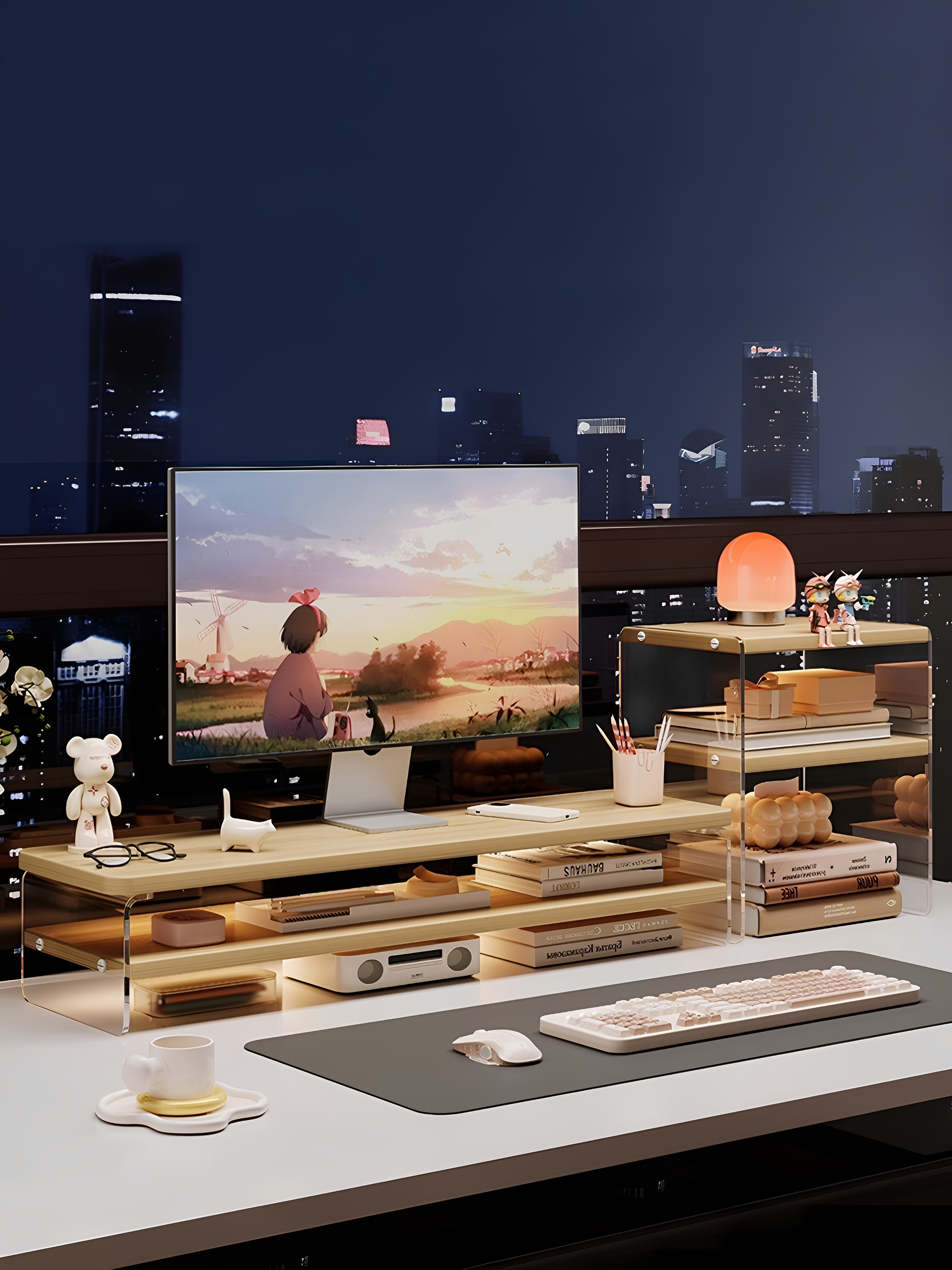 电脑增高架工位桌面亚克力显示器实木托架支架子办公室收纳置物架