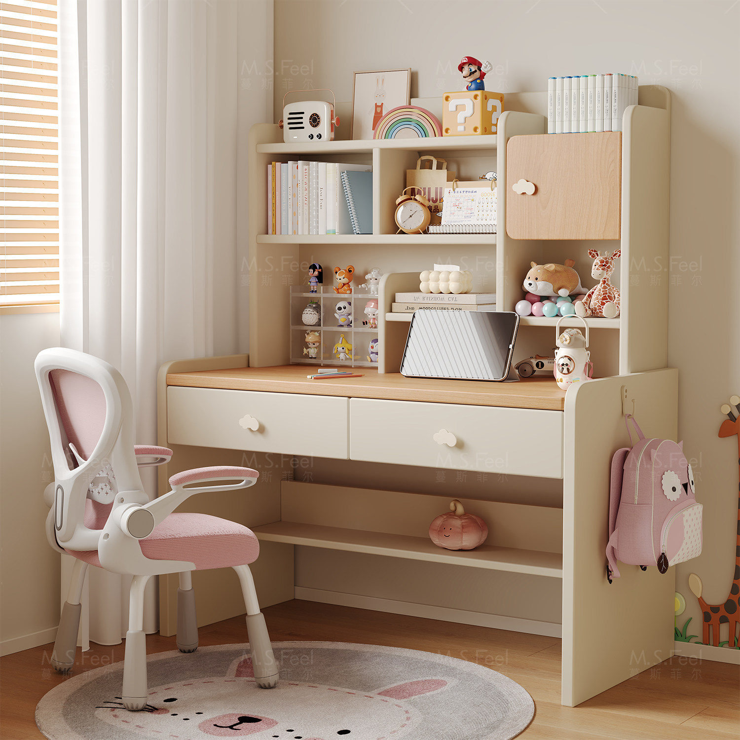 实木儿童学习桌小学生写字桌卧室可升降书桌家用书架一体桌椅套装