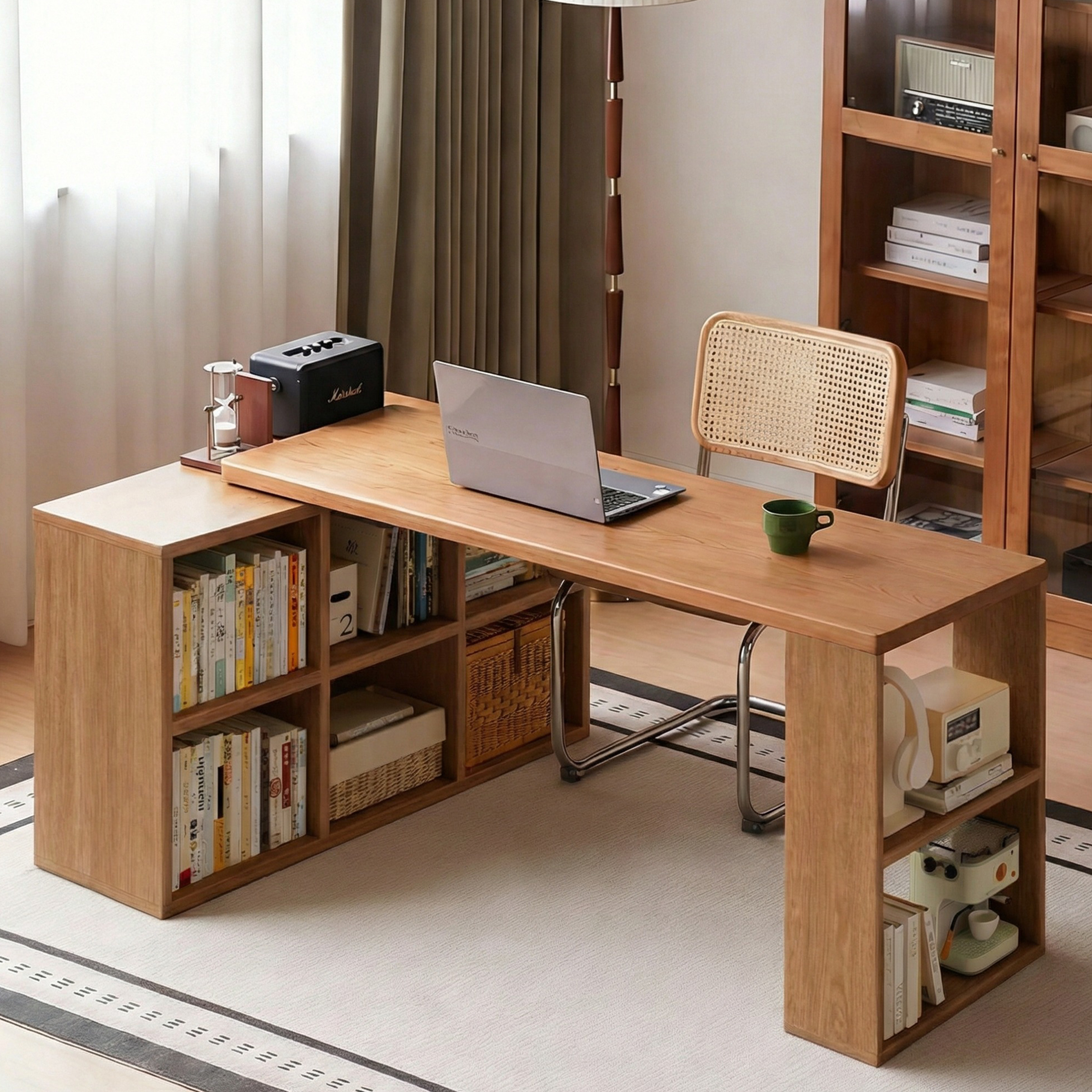 实木转角书桌书架一体桌家用书房台式电脑桌卧室可伸缩L型办公桌