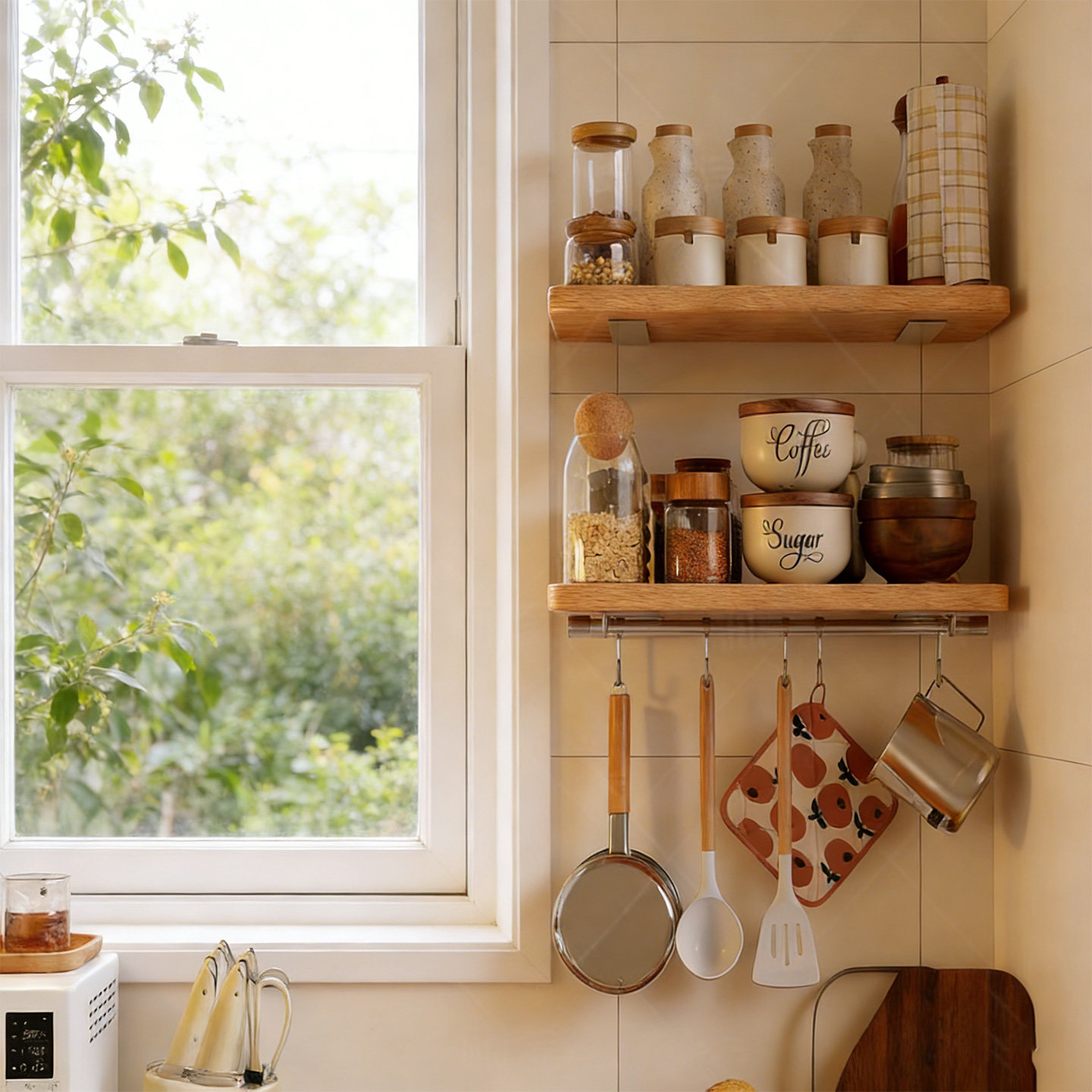 厨房墙上置物架免打孔实木一字板多层原木风餐厅吧台调料品收纳架