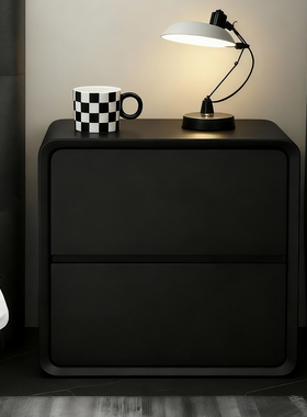 高级感床头柜黑色实木家用卧室中古奶油风床边收纳柜子简约储物柜