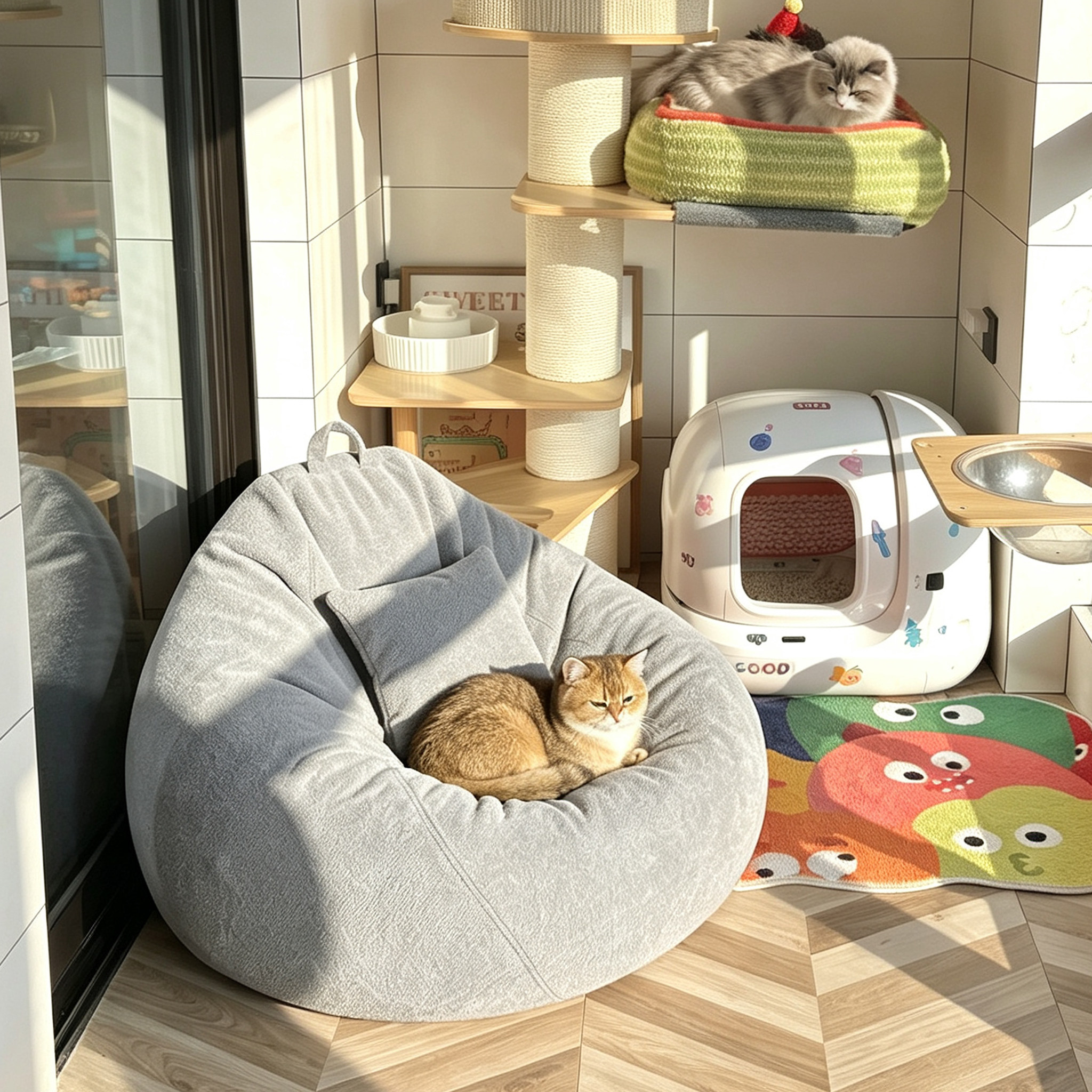 灰色布艺豆袋单人懒人沙发猫