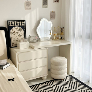 奶油风梳妆台床头柜一体主卧室新款现代简约实木烤漆可伸缩化妆桌