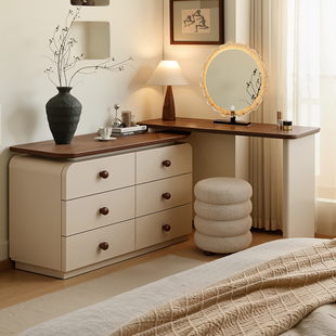 床尾转角梳妆台斗柜一体奶油中古风卧室l型实木化妆桌收纳置物柜