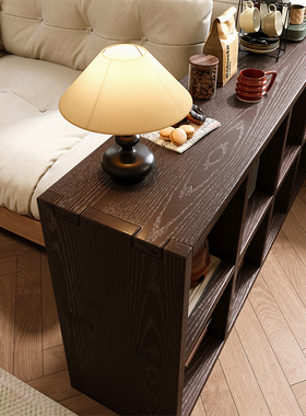 沙发侧边实木书架中古风格子柜矮柜落地柜隔断置物架书柜边柜一体