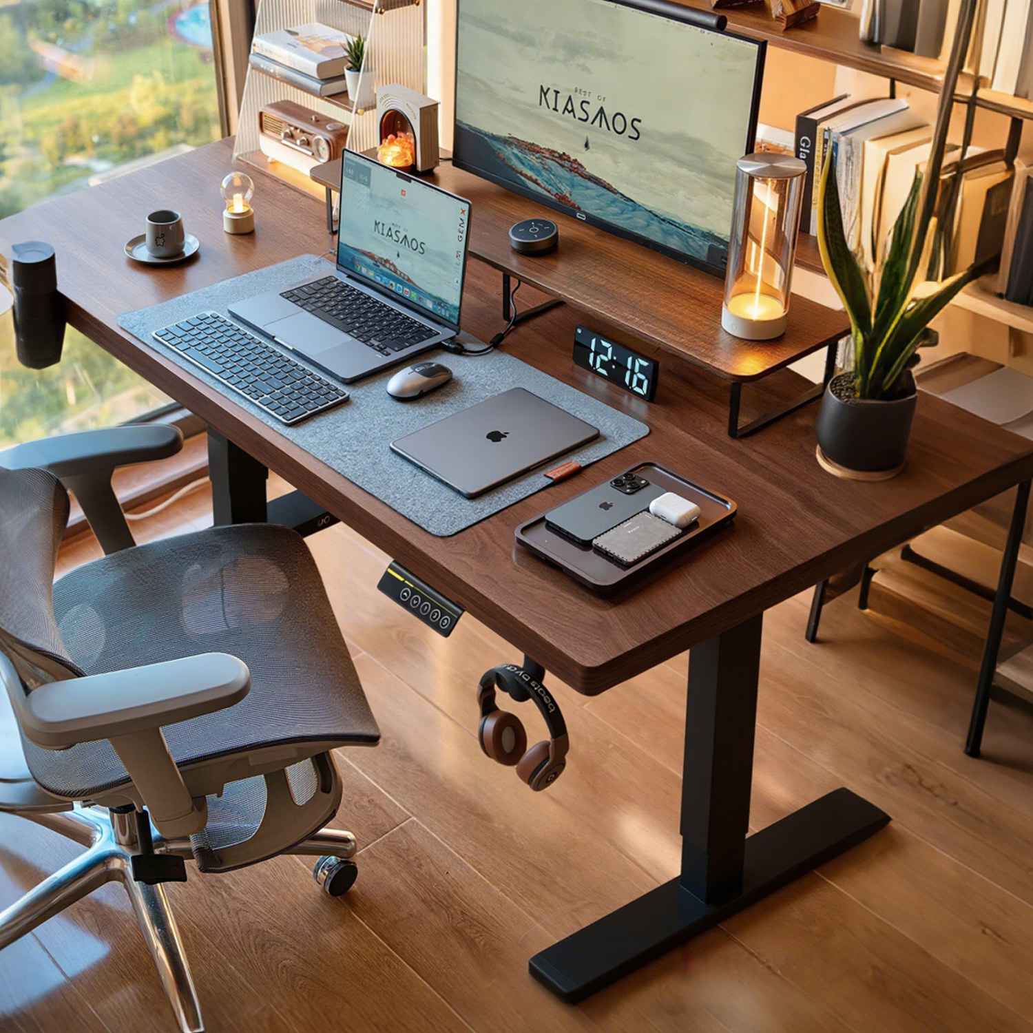 实木电动升降电脑桌台式家用书房书桌电竞桌可调节办公桌子工作台