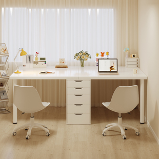 双人书桌学生家用学习桌书柜一体长办公桌写字桌子女生卧室电脑桌