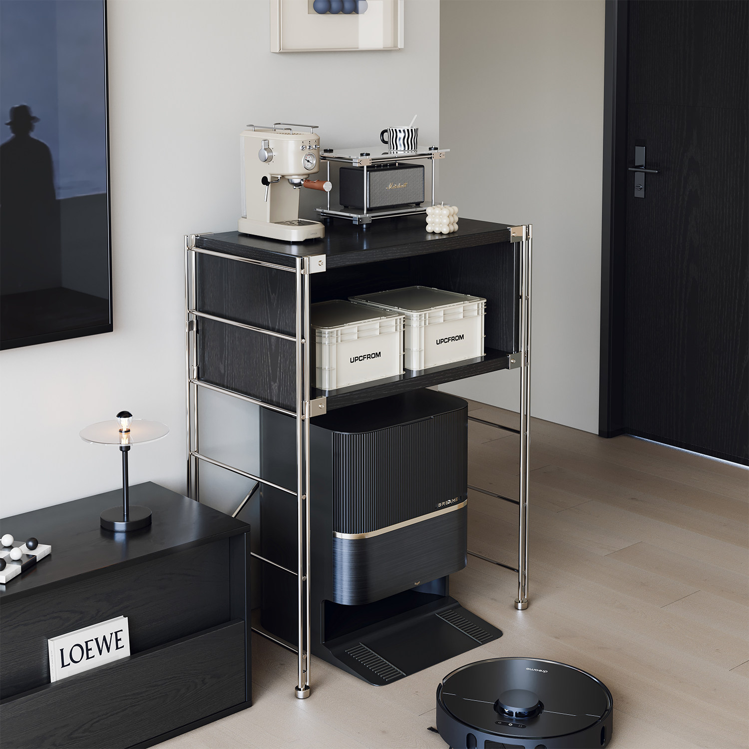 扫地机器人置物架通用黑色收纳柜客厅落地收纳展示架带轮子杂志柜