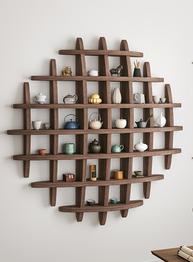 壁挂式博古架实木中式挂墙茶杯架墙上多宝阁格子架置物架背景展示