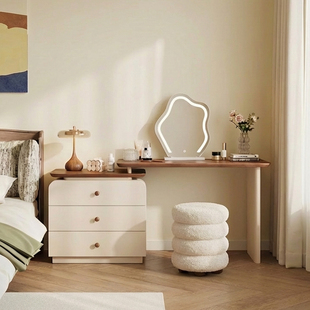 中古奶油风梳妆台床头柜一体主卧室新款实木烤漆可伸缩斗柜化妆桌