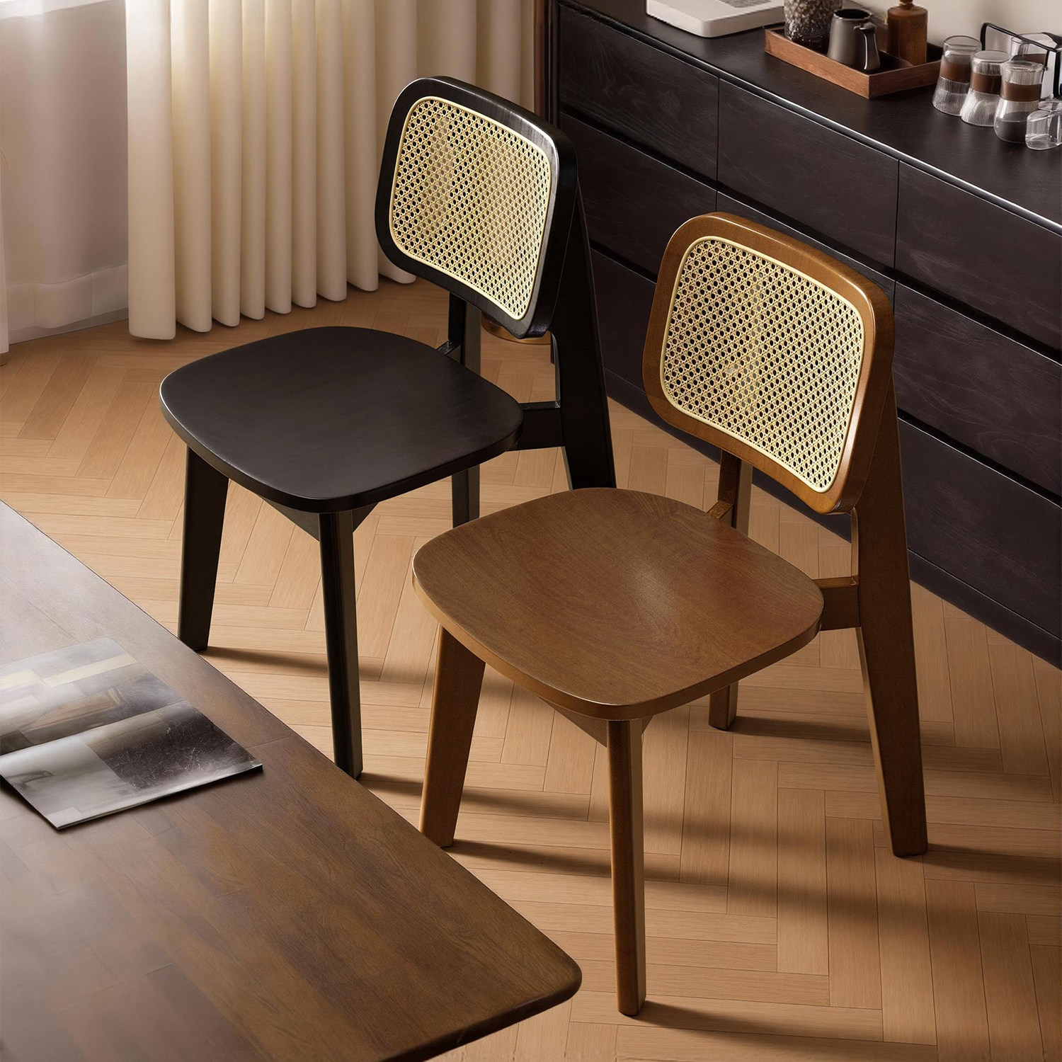 中古实木藤编餐椅家用靠背椅书桌椅法式复古餐桌椅休闲侘寂风椅子