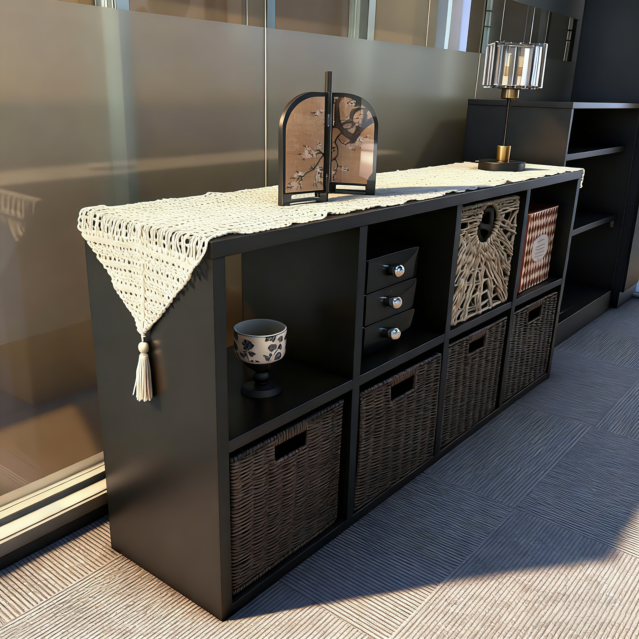 黑色实木格子柜置物架落地八格柜书架收纳储物矮柜子靠墙展示书柜,住宅家具,搁板/置物架/家用陈列架,淘宝优惠券,粉丝福利购,淘宝优惠卷