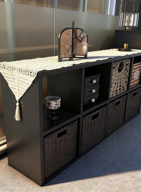 黑色实木格子柜置物架落地八格柜书架收纳储物矮柜子靠墙展示书柜