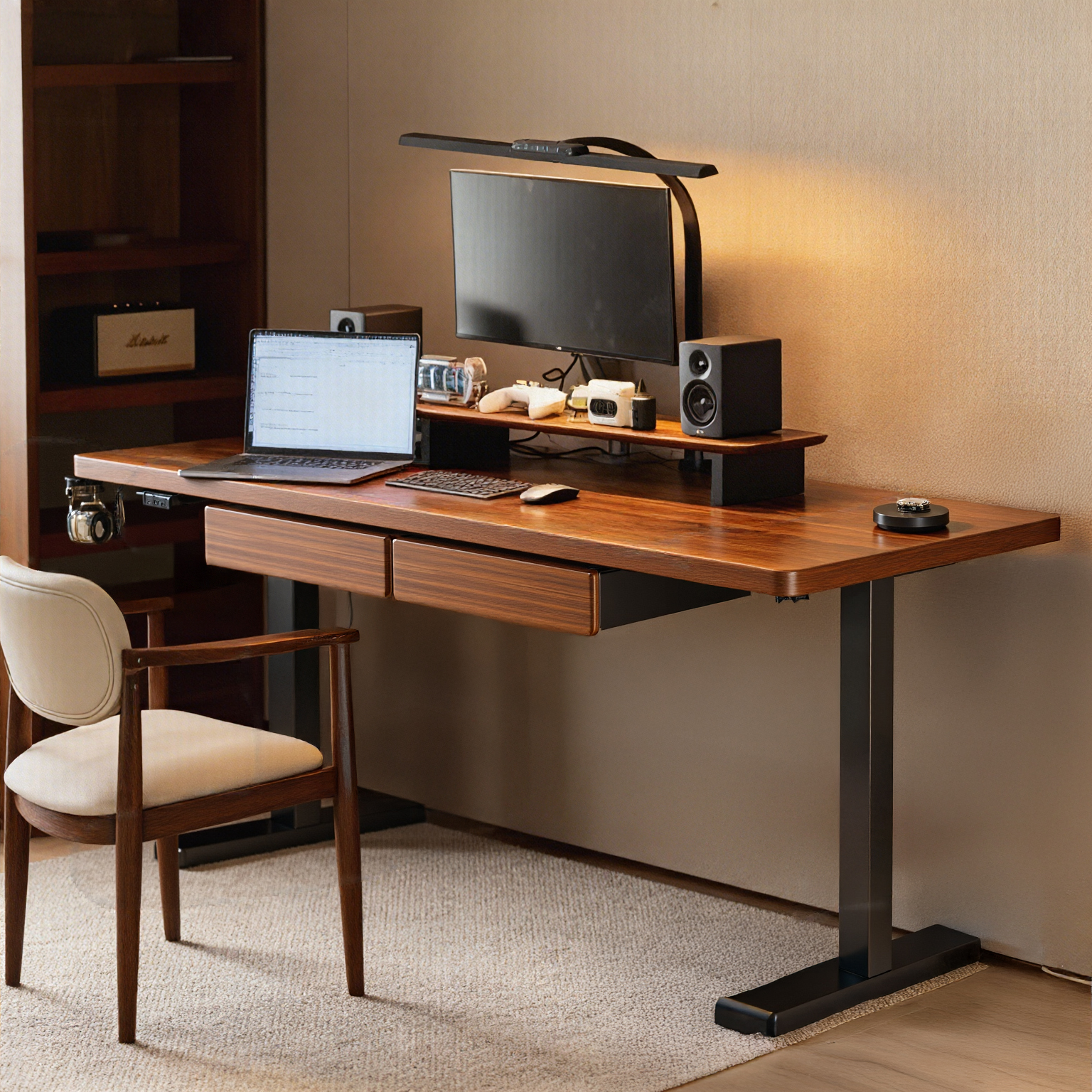 实木电动升降桌家用电脑桌可升降电竞桌子学习办公移动书桌工作台