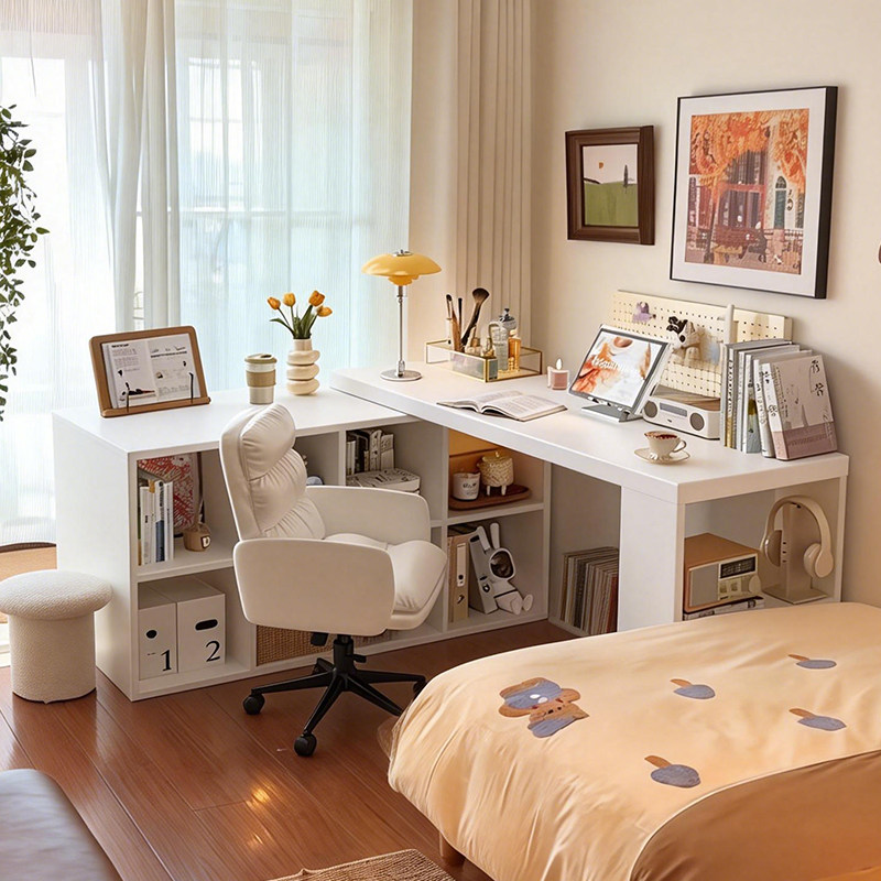 实木转角书桌书架一体桌家用学习写字桌卧室台式办公桌L形电脑桌