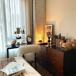 秋岚转角梳妆台斗柜一体中古风卧室实木化妆桌半包围L型床尾边柜