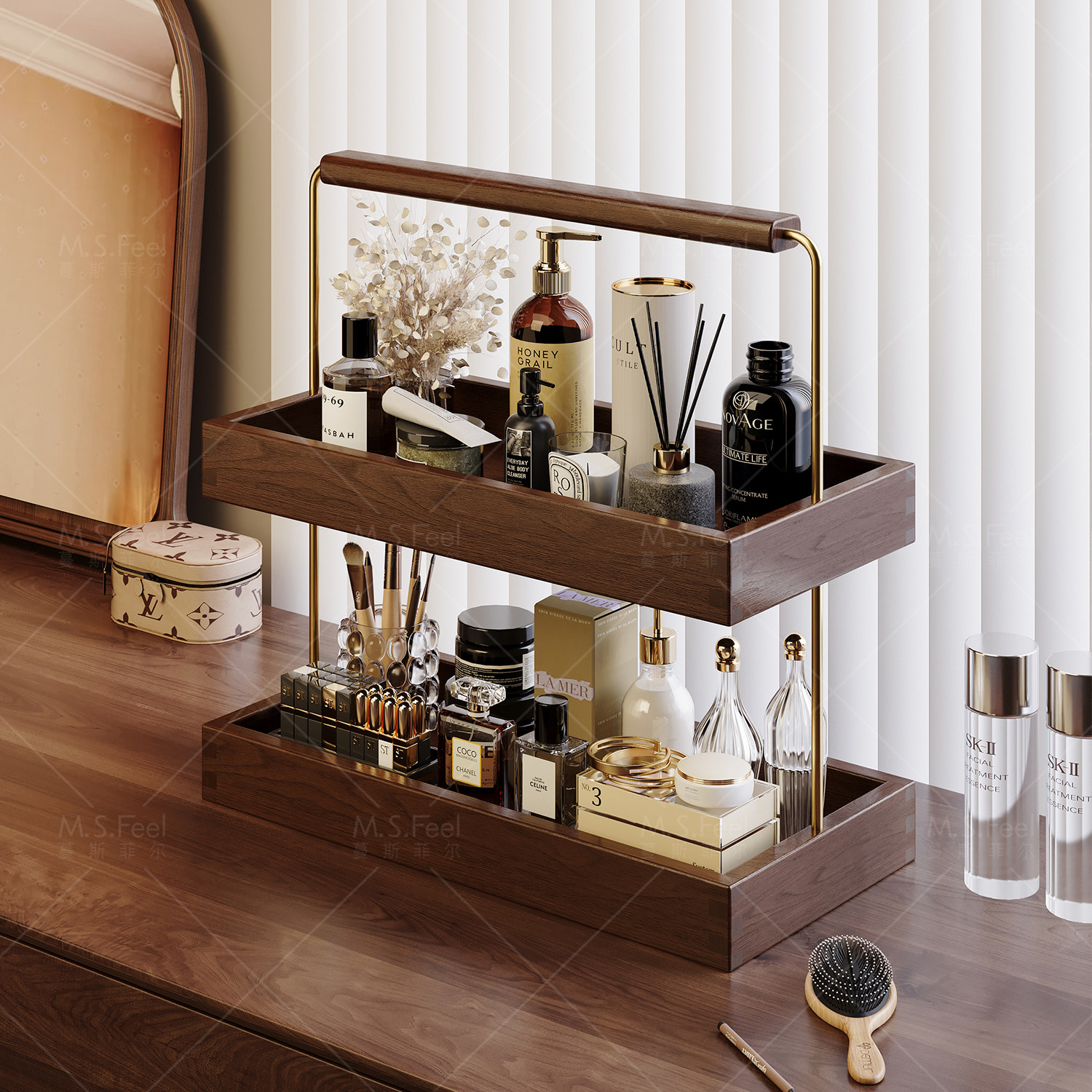 实木化妆品收纳盒高级梳妆台护肤品托盘首饰收纳筐桌面香水置物架,收纳整理,桌面收纳盒,淘宝优惠券,粉丝福利购,淘宝优惠卷