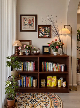 实木矮书柜靠墙一体置物书架客厅收纳展示格子柜落地储物矮柜子