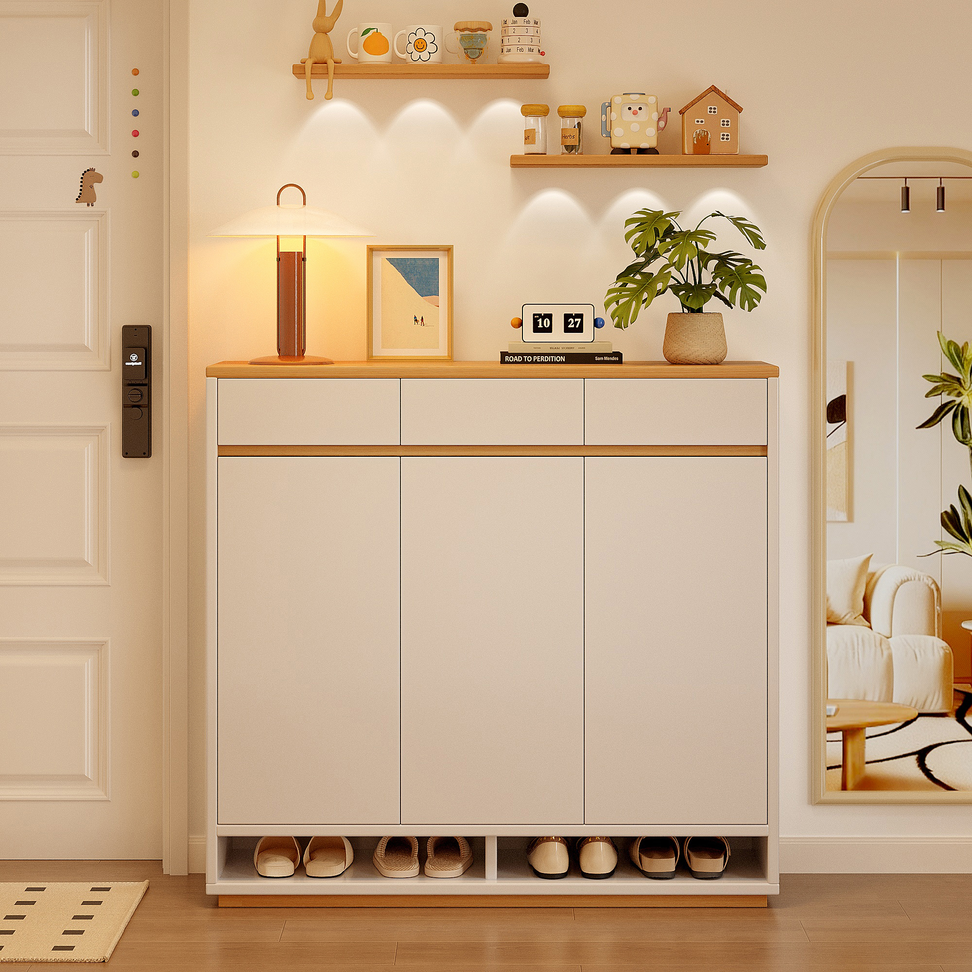 原木奶油风鞋柜，颜值收纳双在线