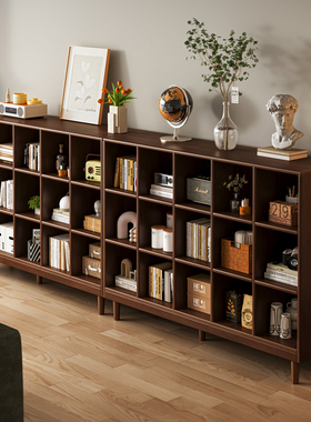 全实木书柜胡桃木色格子柜客厅置物柜落地矮柜子储物一体靠墙书架