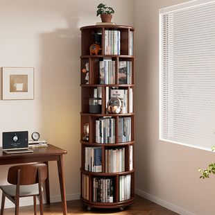 全实木旋转书架360度多层落地置物架客厅可移动靠墙一体转角书柜