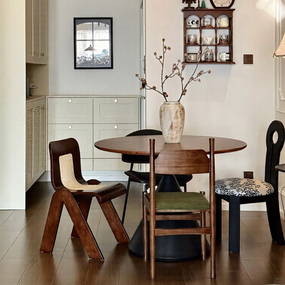 实木餐椅中古风藤编靠背椅子家用软包休闲混搭凳子法式冲冠餐桌椅