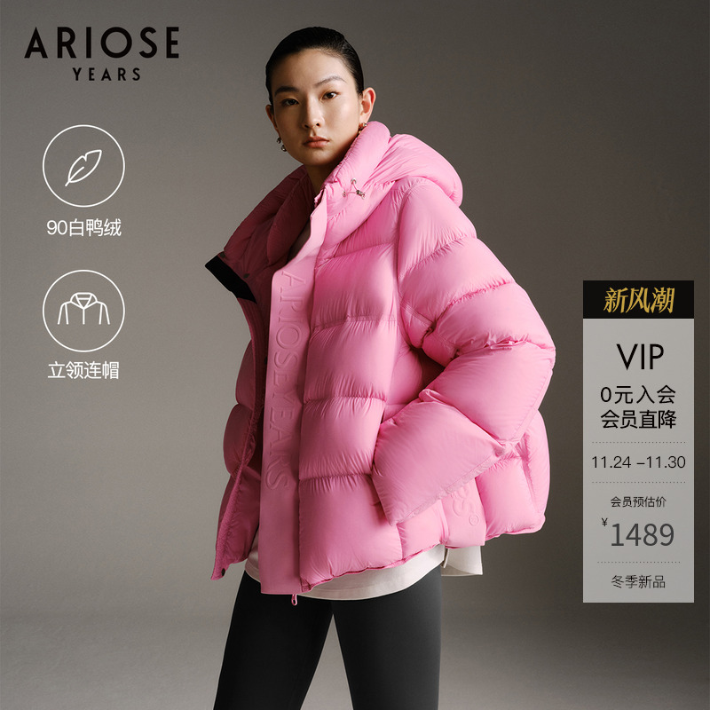 艾诺丝雅诗 90%鸭绒短款防风立领连帽龟背廓形羽绒服女冬41030026