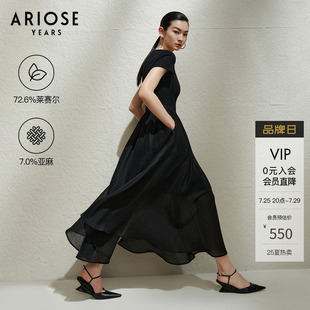 天丝&亚麻方领拼接短袖 艾诺丝雅诗 连衣裙女气质小黑裙夏40439097