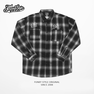FUNKYSTYLE原创潮美式BBOY西海岸奇卡诺刺青POPPING格子衬衫长袖