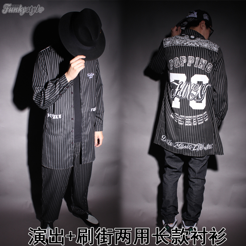 FunkyStyle腰果花队服locking班服演出服Popping条纹长款衬衫衬衣