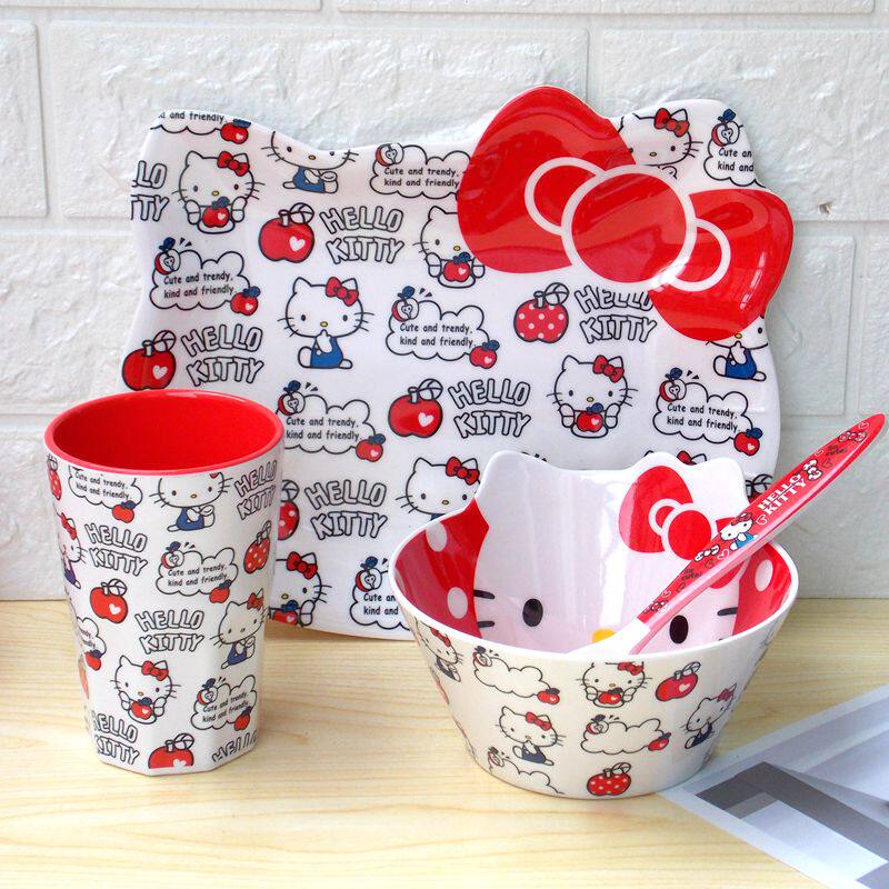 儿童餐具套装 卡通KT猫盘子可爱宝宝碗杯子 密胺碗 小孩吃饭防烫