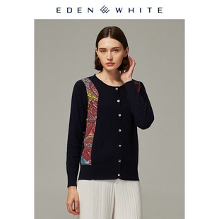 女士圆领拼接设计复古印花针织开衫 圣雪绒2019秋冬新品 羊绒衫