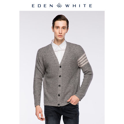 圣雪绒秋冬新款100%山羊绒男V领AB纱运动风7针加厚针织开衫