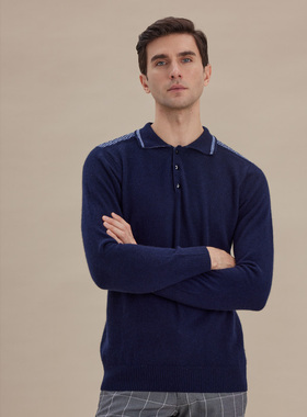 圣雪绒秋冬新款纯羊绒衫男POLO领复古提花针织套衫