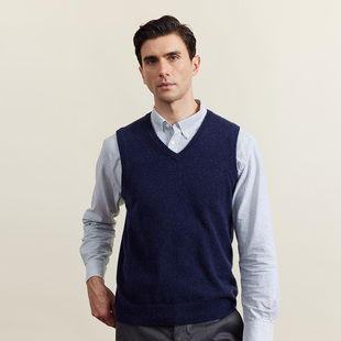圣雪绒23秋冬新款 海军蓝套头针织背心 男V领纯色羊绒背心基础款