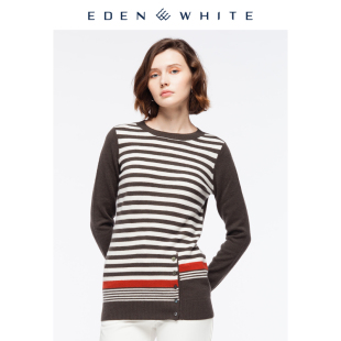 女士圆领条纹不对称设计中性针织衫 圣雪绒2019秋冬新品 羊绒衫