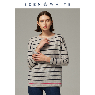 女士圆领撞色条纹落肩宽松针织衫 圣雪绒2019秋冬新品 羊绒衫