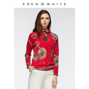 女士自由领本命年红色复古印花针织衫 圣雪绒2019秋冬新品 羊绒衫