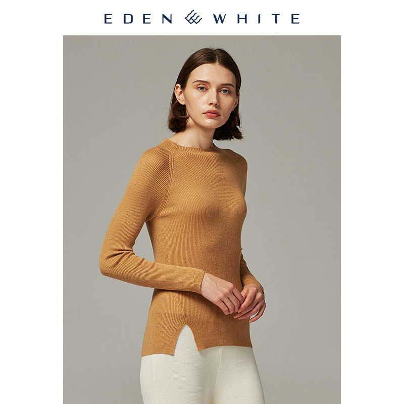 圣雪绒秋冬新品精纺羊绒衫女士圆领长袖修身通勤打底衫桑蚕丝薄款