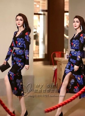 正版抖音秋季气质绿色印花复古优雅弹力前开叉女人味包臀中长裙潮