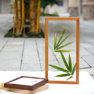 禅意艺术柚木透明画框 双面两面展示镜框装竹叶树叶花朵钱币都行