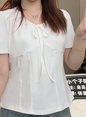 法式短袖t恤女夏季胖mm遮肚子衣服显瘦正肩设计感小众鱼骨上衣