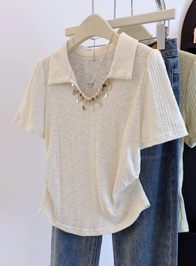 波西米亚流苏polo领正肩短袖T恤女2025夏大码胖mm不规则掐腰上衣
