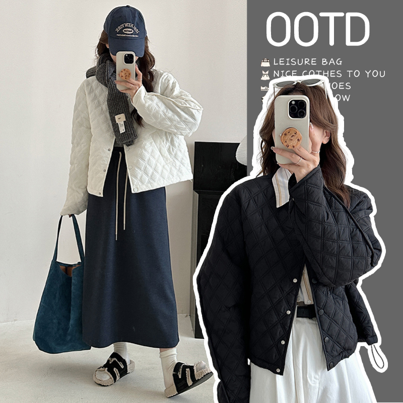 2024秋冬新款女裝菱格羽絨棉服時尚輕薄棉衣夾棉寬松百搭顯瘦外套