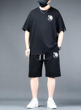 加大加肥男士t恤短袖夏季大码男装宽松胖子圆领休闲上衣短裤套装