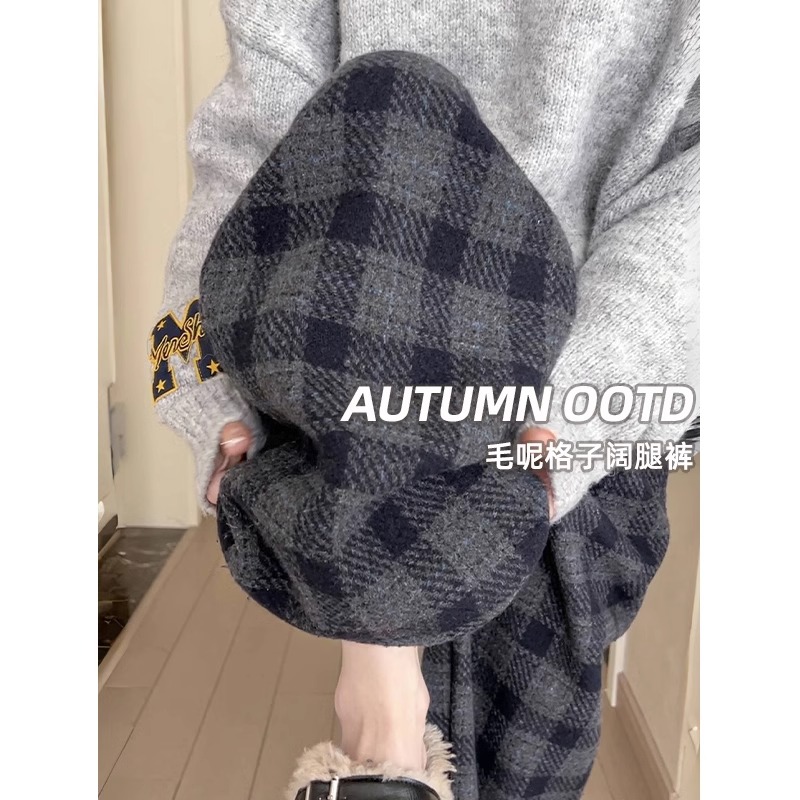 秋冬加绒加厚毛呢格子裤