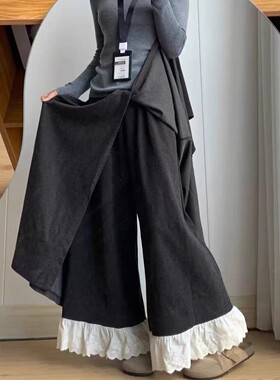 深灰色梧桐裤裙裤女秋季2025新款假两件慵懒风蕾丝拼接毛呢阔腿裤