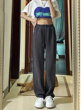 美式灰色运动裤女春秋冬小个子加绒垂感休闲直筒阔腿宽松束脚卫裤